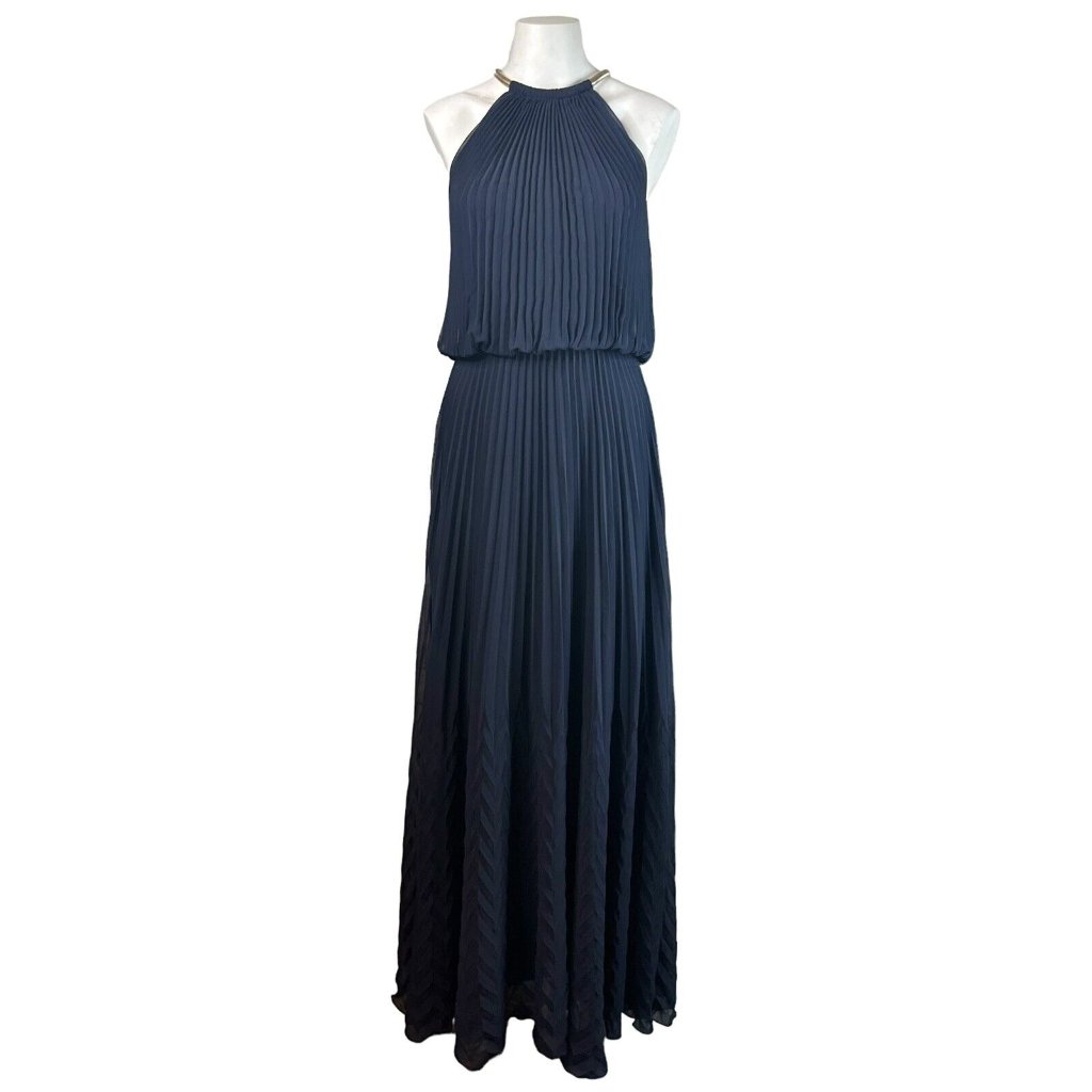 Xscape Navy Blue Pleated Halter Blouson Gown Cocktail Dress Sz 4
